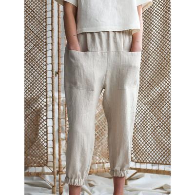 Women's Cotton Linen Pants Comfort Pure Color Pocket Elastic Waist Breathable Micro-elastic Home Black White Khaki Summer