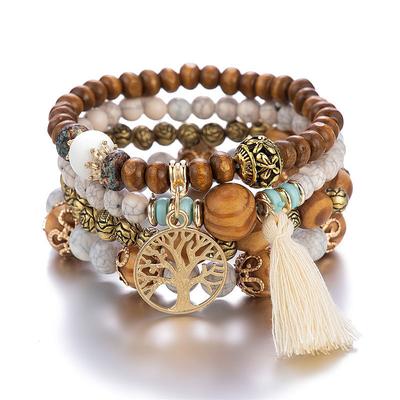 Tree Tassel Charm Beaded Bracelet Handmade Bohemian Style Multi-layer Wooden Bead Beaded Bracelet Elastic Bracelet Hand Jewelry