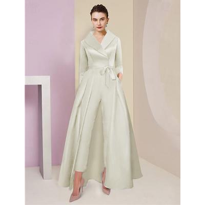 Jumpsuit / Pantsuit Mother of the Bride Tuxedo Formal Wedding Guest Elegant Party Simple Shirt Collar Ankle Length Satin 3/4 Length Sleeve with Bow(s) 2025 free custom size