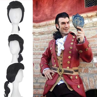 Gaston Cosplay Wig for Men Beauty and the Beast Gaston Colonial Men Long Hair Wigs Black Wavy with Ponytail Heat Resistant Synthetic Wig During the Halloween Wigs