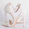Women's Wedding Shoes For Bride Women Bridesmaid Pearl Stiletto Faux Leather Open Toe Strappy High Heel Classic Pumps White Beige