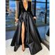 Ball Gown Evening Black Dress Plus Size Sparkle Dress Wedding Party Birthday Floor Length Long Sleeve V Neck Pocket Satin with Sequin Pocket 2024