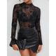 Shirt Blouse Women's Black Floral Lace Print Casual Holiday Fashion Sexy Round Neck Regular Fit M