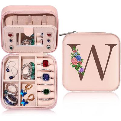 Mini Travel Jewelry Case Jewelry Box Jewelry Organizer, Pink Gifts for Women Mom Grandma Friends Sister in Law Gifts, Valentine's Day Anniversary Birthday Gift for Women Her Wife Girlfriend Letter A-Z