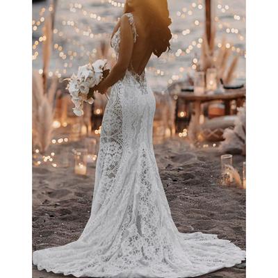 TS Beach Wedding Beach Open Back Sexy Boho Wedding Dresses Mermaid V Neck Sleeveless Court Train Lace Bridal Gowns With Appliques 2025