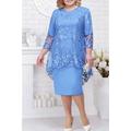 Women's Plus Size Party Dress Lace Dress Semi Formal Dress Midi Dress Navy Blue Blue Gold 3/4 Length Sleeve Floral Lace Summer Spring Fall Crew Neck Elegant Party Wedding Guest Dress