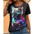 Women's T shirt Tee Cat 3D Daily Weekend Black White Blue Print Short Sleeve Fashion Funny Round Neck Regular Fit Summer