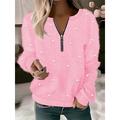 Women's Pullover Sweater Jumper Crew Neck Fuzzy Knit Cotton Blend Zipper Glitter Fall Winter Regular Date Valentine Casual Soft Long Sleeve Pure Color White Pink S M L