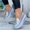 Women's Sneakers Slip-Ons Plus Size Slip-on Sneakers Solid Colored Flat Heel Sporty PU Leather Loafer Black Silver Champagne