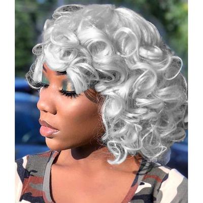 Curly Wigs for Black Women 14'' Short Silver Grey Wavy Bob Hair Wig with Bangs Natural Heat Resistant Synthetic Wigs