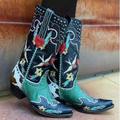 Women's Boots Cowboy Boots Plus Size Outdoor Work Daily Color Block Knee High Boots Winter Rivet Embroidery Block Heel Chunky Heel Pointed Toe Square Toe Elegant Vintage Fashion PU Zipper Blue