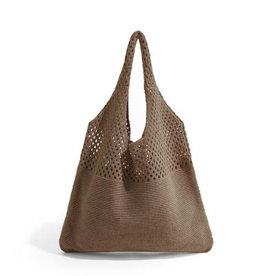 Women's Beige Knitted Tote Bag – Lightweight Mesh Shoulder Bag for Summer Beach, Groceries, and Casual Daily Use
