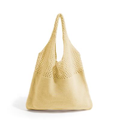 Women's Beige Knitted Tote Bag – Lightweight Mesh Shoulder Bag for Summer Beach, Groceries, and Casual Daily Use