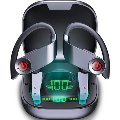 Bluetooth 5.1 Headphones Sports Earbuds 50H Deep Bass Noise Cancelling Headphones with Mic IP7 Waterproof Over-Ear Headphones USB-C/LCD Display for Running Father's Day Gifts