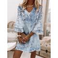 Women's Summer Dress Print Dress Floral Graphic Ruffle Print V Neck Ruffle Sleeve Mini Dress Fashion Streetwear Outdoor Daily 3/4 Length Sleeve Loose Fit White Red Blue Summer Spring S M L XL XXL