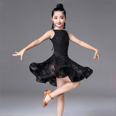 Latin Dance Dress Scattered Bead Floral Motif Style Lace Tassel Girls' Performance Training Sleeveless High Terylene