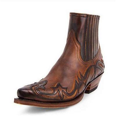 Men's Western Cowboy Leather Boots with Intricate Embossed Design, Classic Square Toe, and Stacked Heel - Perfect for Rodeos, Country Concerts, and Casual Outings