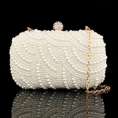Women's White Pearl Clutch Purse – Elegant Beaded Evening Handbag with Chain Strap for Weddings, Parties, and Formal Events