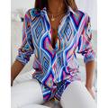 Women's Shirt Blouse Geometric Casual Button Print Blue Long Sleeve Basic Neon Bright Shirt Collar Spring Fall