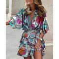 Women's Casual Dress Ethnic Dress Floral Ruched Patchwork V Neck Batwing Sleeve Mini Dress Elegant Sexy Halloween Half Sleeve Summer Spring