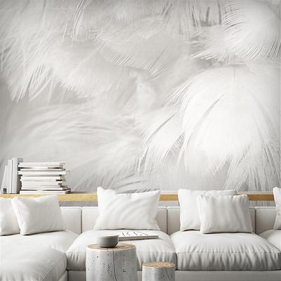 Cool Wallpapers 3D White Feather Wallpaper Wall Mural for Living Room Bedroom TV Background Canvas PVC/Vinyl Material Adhesive Required Wall Decor Home Decoratio Wall Cloth