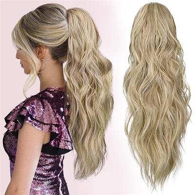 Ponytail Extension Claw Clip in Pony Tails Hair Extensions Fluffy Natural Synthetic Wavy Secret Ponytail Hairpiece 22 Inch Dirty Blonde mix Highlight Blonde for Women Daily Use party