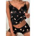 Women's Pajamas Sexy Lingerie Pajama Top and Pant Sets Leopard Heart Simple Casual Soft Home Daily Bed Lace Breathable Straps Sleeveless Strap Top Shorts Elastic Waist Summer Spring Black Wine