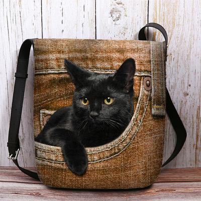 Cute Black Cat Denim Print Crossbody Bag – Casual Women's Shoulder Bag with Adjustable Strap