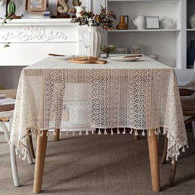 1pc Bohemian Chic Crochet Lace Tablecloth, Farmhouse Style Retro Hollow Out Tablecloth, Suitable For Kitchen Dining, Buffet Table, Holiday Dinner, Party, Banquet, Restaurant, Wedding Food Tablecloth