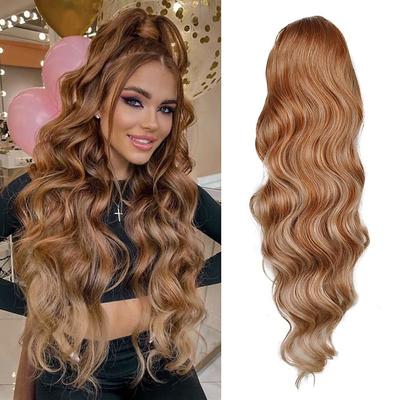 24 Inch Long Body Wave Ponytail hair Extension Synthetic Heat Resistant Wrap Around Drawstring Curly Wavy Ponytail Hairpieces for Women