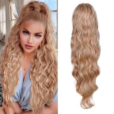 24 Inch Long Body Wave Ponytail hair Extension Synthetic Heat Resistant Wrap Around Drawstring Curly Wavy Ponytail Hairpieces for Women