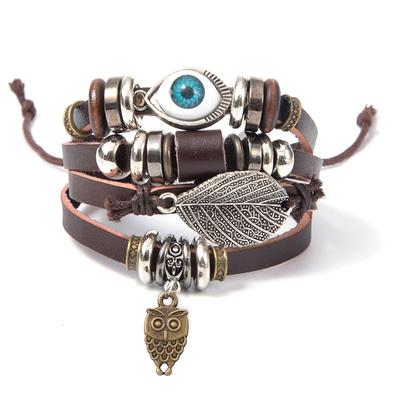 Turquoise Men's Woven Leather Wood Bead Bracelet Multilayer Pendant Beaded Women's Bracelet DIY Couple Style