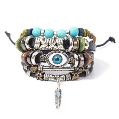 Turquoise Men's Woven Leather Wood Bead Bracelet Multilayer Pendant Beaded Women's Bracelet DIY Couple Style