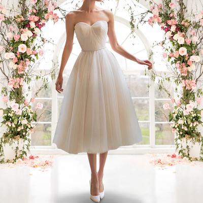 TS Reception Little White Dresses Wedding Dresses A-Line Sweetheart Strapless Tea Length Tulle Bridal Gowns With Sashes / Ribbons Pleats 2025