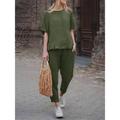 Women's Loungewear Sets Pure Color Simple Basic Street Daily Cotton And Linen Breathable Crew Neck Half Sleeve T shirt Tee Pant Pocket Summer Spring Black Army Green