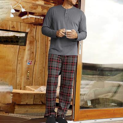 Men's Loungewear Sleepwear Pajama Set Pajama Top and Pant 2 Pieces Plaid Stylish Casual Comfort Home Daily Cotton Blend Comfort Henley Long Sleeve T shirt Tee Pant Drawstring Elastic Waist Summer