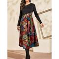 Women's Print Dress Print Print V Neck Long Dress Maxi Dress Fashion Ethnic Holiday Date Long Sleeve Loose Fit Black And White Maroon Red Fall Winter S M L XL 2XL