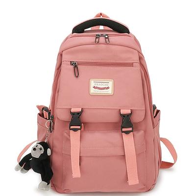 Pink Waterproof School Bags Nylon Backpack with Plush Monkey Keychain - Stylish and Durable School Bag with Multiple Pockets for Travel and Everyday Use