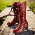 Women's Boots Button Boots Brogue Plus Size Outdoor Daily Solid Color Mid Calf Boots Winter Kitten Heel Round Toe Elegant Vintage Fashion Faux Leather Lace-up Black Red Blue