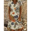 Women's Casual Dress Cotton Linen Dress A Line Dress Midi Dress Cotton Blend Basic Classic Outdoor Daily Vacation V Neck Short Sleeve Summer Spring 2023 Loose Fit Apricot Leaf Floral M L XL 2XL