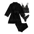Women's Lace Satin Silk Pajamas Sets 4 Pieces Pure Color Simple Casual Soft Home Daily Bed Satin Breathable V Wire Long Sleeve Shorts Summer Spring Black Pink