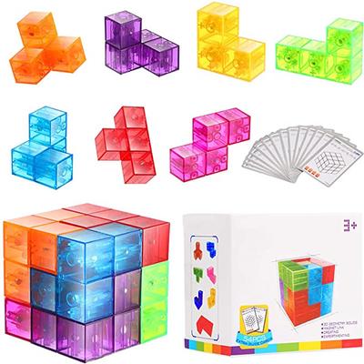 Magnetic 3D Puzzle Cubes Transparent Magnetic Cube Consists of 7 Magnetic Building Blocks with 54 Guide Cards, 108 Splicing Challenges for Killing Time and Relieving Stress