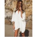 Women's White Dress Lace Dress Beach Wear Mini Dress Slim Dolman Tropical Fashion Plain V Neck 3/4 Length Sleeve Loose Fit Vacation Going out White Blue 2023 Summer Spring One Size