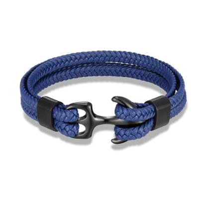 bracelet for men, sturdy cowhide leather bracelet, multilayer vintage anchor bracelet wrap cuff - blue with silver anchor