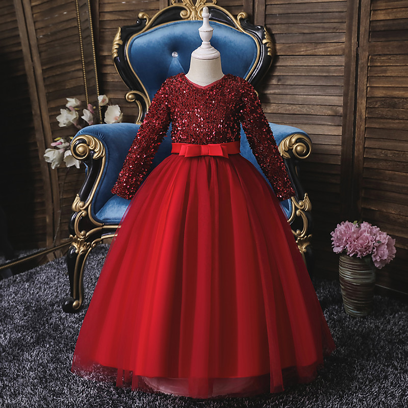 Flower Girl Dress Girls' Dress Party Dress Performance Wedding Party Cute Sweet Thanksgiving New Year Sequins Long Sleeve V Neck Red Blue 4-13 Years