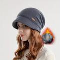1pcs Warm Winter Beanie Hat with Short Brim for Women - Thermal Knitted Textured Fleece Baggy Hat for Cycling