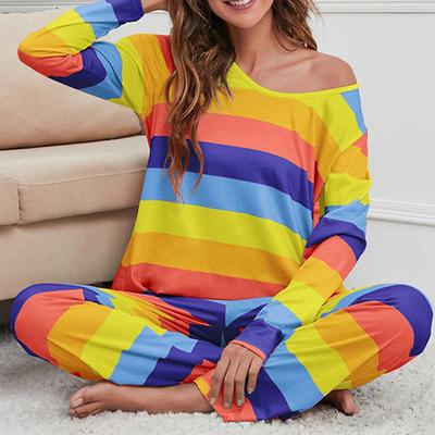 Women's Pajamas Nighty Pjs Sets 2 Pieces Rainbow Stripe Fashion Comfort Soft Home Daily Bed Cotton Breathable V Wire Long Sleeve T shirt Tee Pant Spring Fall Yellow Blue