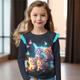 Girls' 3D Cat Ruffle Tee Long Sleeve 3D Print Spring Fall Active Fashion Cute Polyester Kids 3-12 Years Crew Neck Outdoor Casual Daily Regular Fit