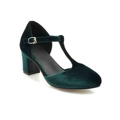 Women's Vintage Green Velvet T-Strap Heels - Elegant Block Heel Mary Jane Shoes for Evening Parties and Formal Occasions