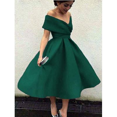 TS Beach Wedding A-Line Cocktail Dresses Elegant Dress Wedding Guest Homecoming Tea Length Short Sleeve V Neck Stretch Fabric V Back with Pleats 2025